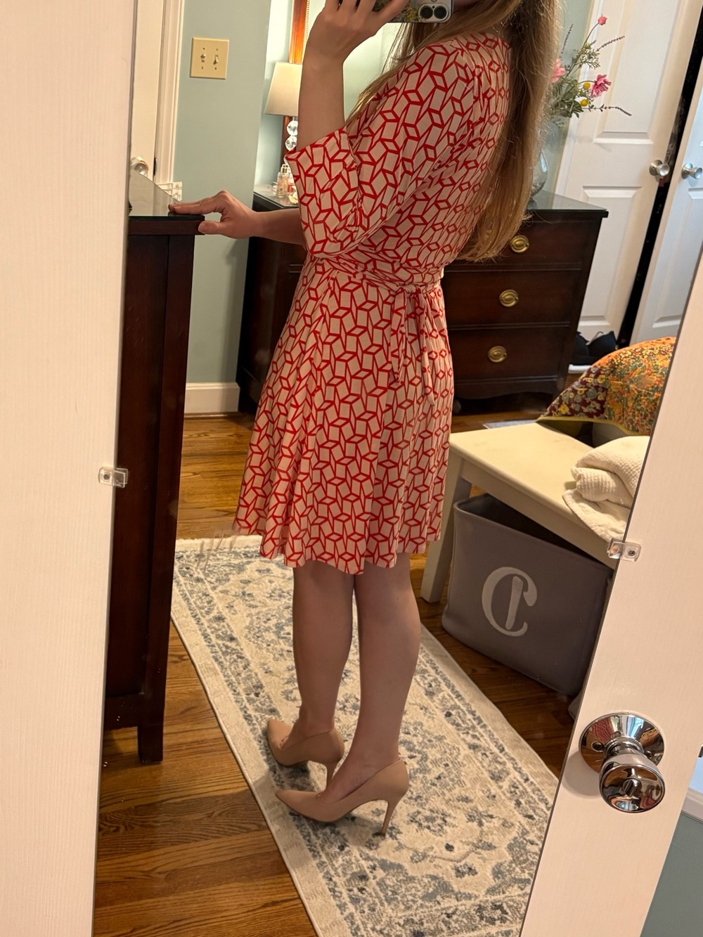 Geometric Faux Wrap Knee length Dress 3/4 sleeve
